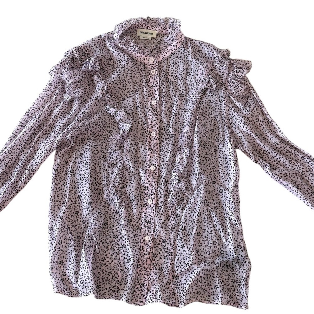 Zadig & Voltaire Tweet Goa Lilac Floral Ruffle Blouse Bell Sleeve WGCS0501F S - Picture 2 of 8